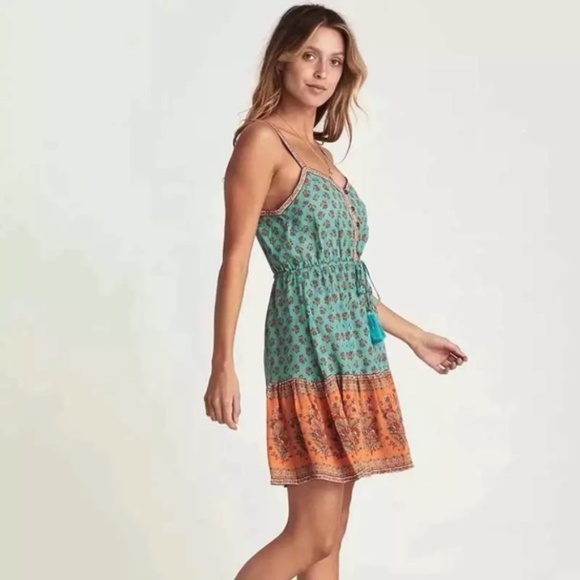 Teal & Orange Floral Ornate Bohemian Gyspy Button Front Tank Summer Casual Dress - Picture 5 of 9